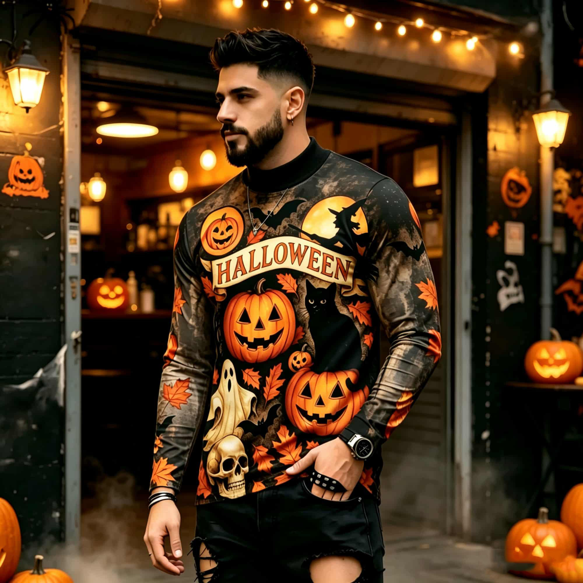 Street Fashion In China - T-shirt à manches longues imprimé Halloween,